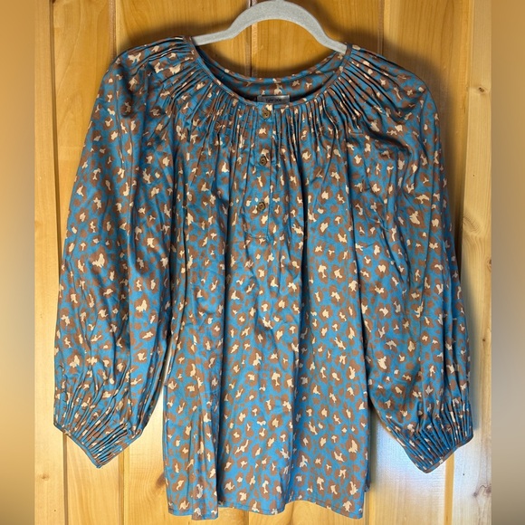 Tyler Boe Teal Leopard Print Smocked Peasant Top Brown Flower Buttons Sz M - Picture 3 of 12